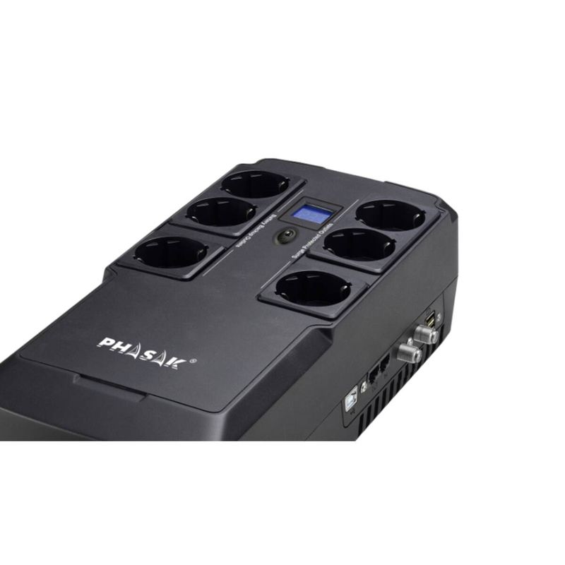 SAI PHASAK 800VA KRYPTOS Interactivo con 6 Tomas Schuko, USB de Carga y Protección RJ45 - PH 9478 - 01