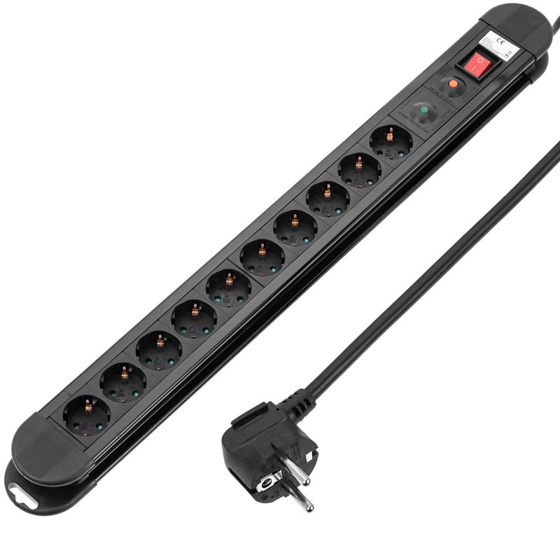 Regleta de enchufes 10 schuko con interruptor y protección sobretensiones negro (1.5m cable) - CA00600 - 01